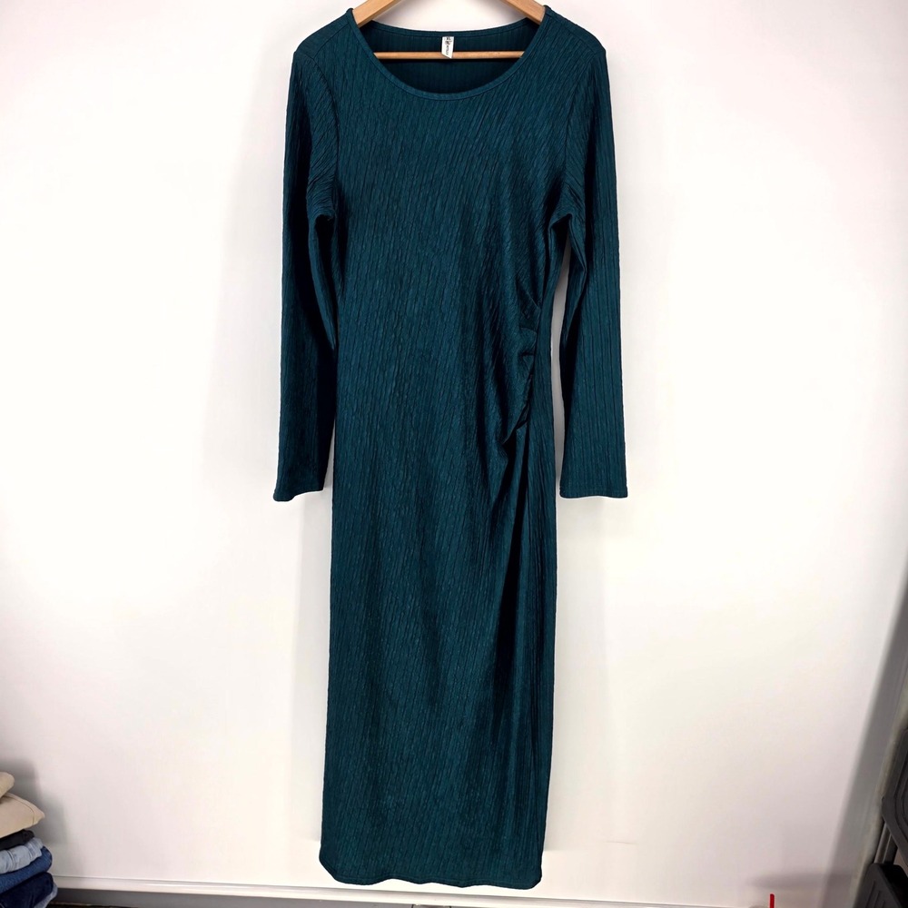 MITILLY Maxi Dress Womens XL Teal Green Crinkle Textured Ruched Long Sleeve Gown